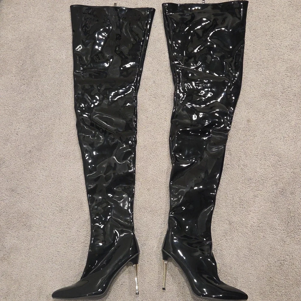 Black Patent Leather Over-the-Knee Boots - Picture 2 of 5